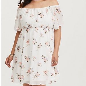 WHITE FLORAL OFF SHOULDER CHIFFON MINI DRESS